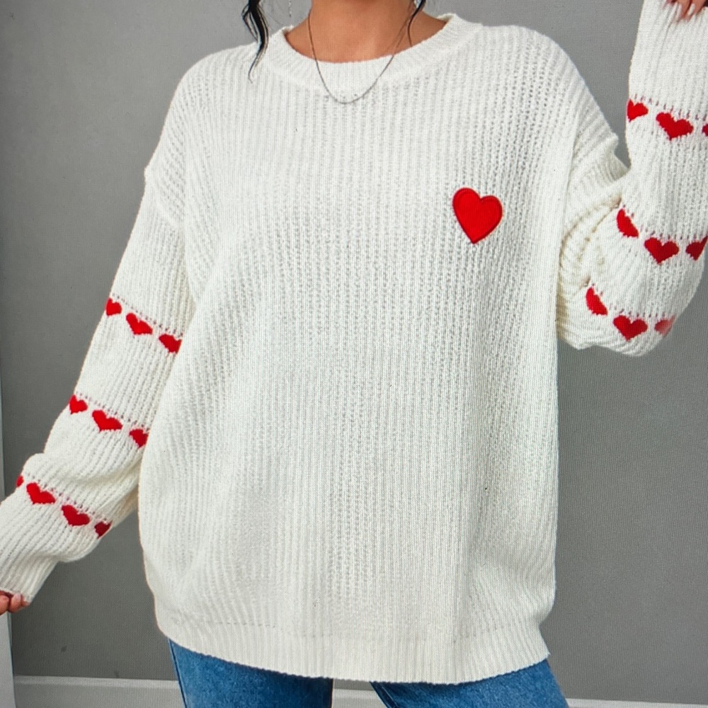 Cozy White Sweater with Red Heart Accents
